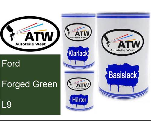 Ford, Forged Green, L9: 500ml Lackdose + 500ml Klarlack + 250ml Härter - Set, von ATW Autoteile West.